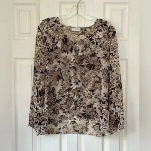 Jaclyn Smith Women’s Floral Long Sleeve Sheer Ruffle Blouse Brown& Cream  Sz PL